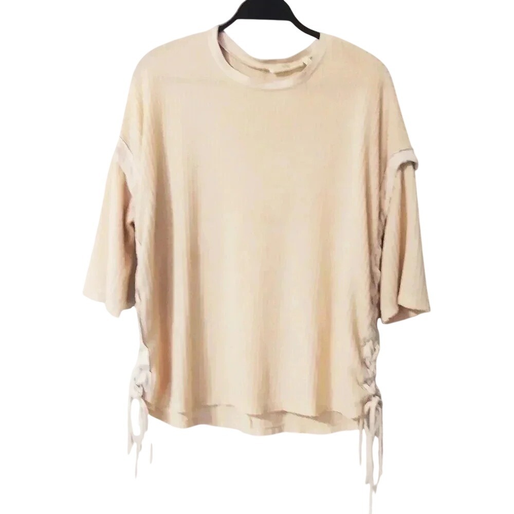 Andree by UNIT Cream Waffle Knit Lace Up‎ Side Top 11643 Beige Short Sleeve S